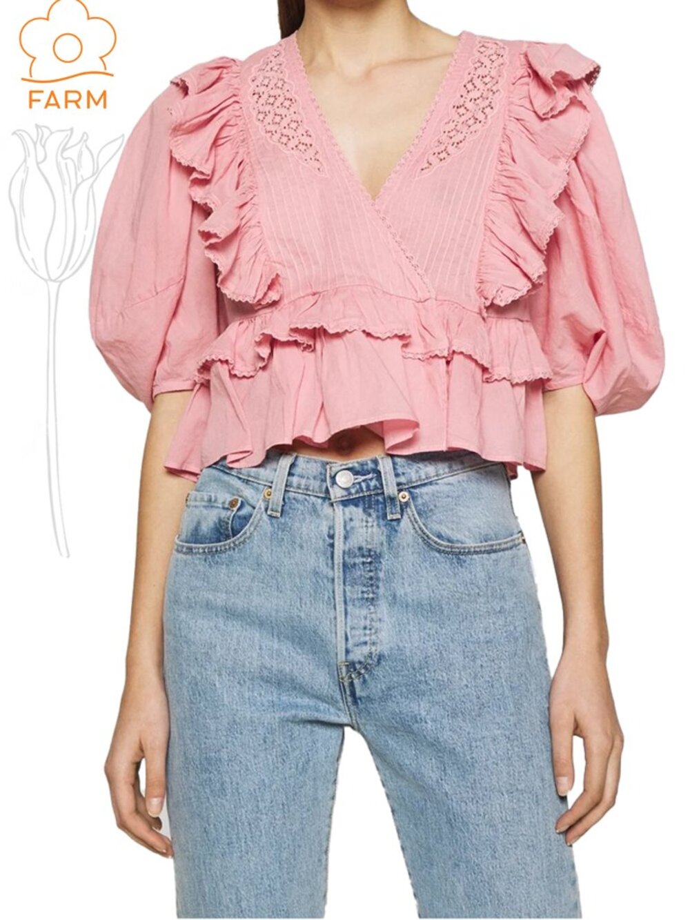 FARM Rio Blush Pink Puff Sleeve V-Neck Blouse